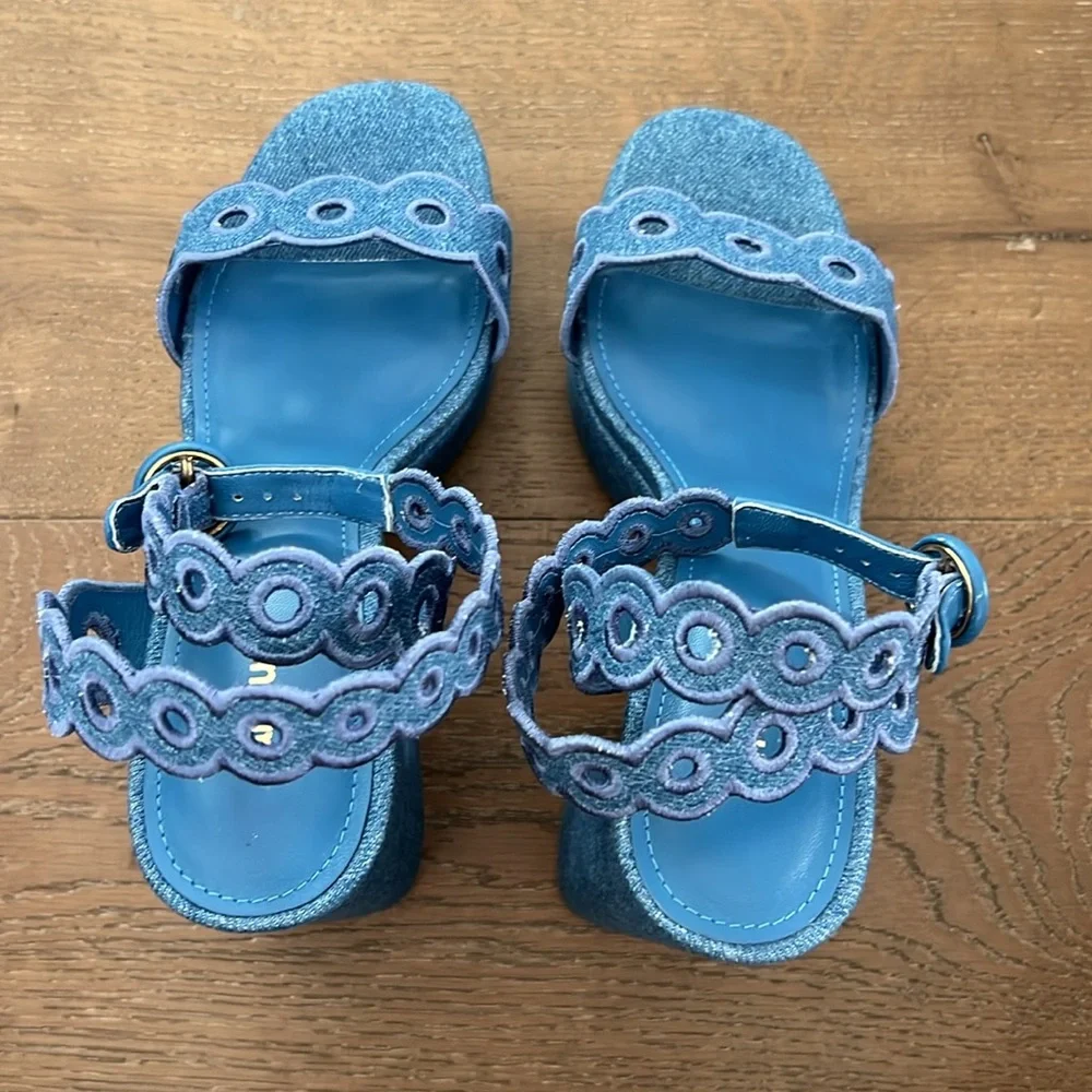 NEW Larroude Dolly Broderie Platform Sandal Blue Stoned Denim NWB - Picture 6 of 10
